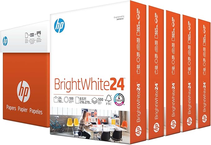 HP Printer Paper | 8.5 x 11 Paper | BrightWhite 24 lb | 5 Ream Case - 2500 Sheets |100 Bright | Made in USA - FSC Certified | 203000C