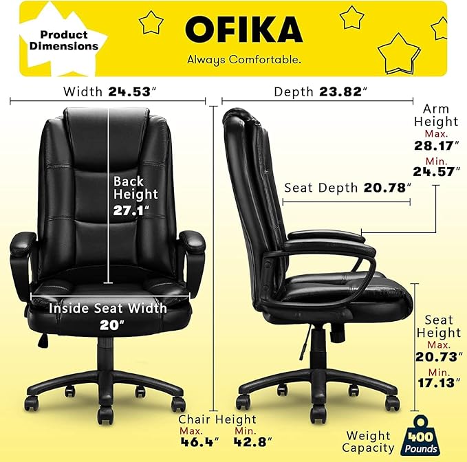 OFIKA Home Office Chair, 400LBS Big and Tall Computer Chair Heavy Duty Design, Ergonomic High Back Cushion Lumbar Back Support, Adjustable Executive Leather with Armrest