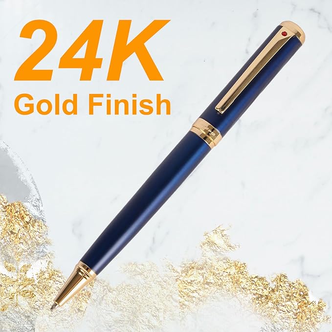 Blue Ballpoint Pen with Real 24K Gold Finish, Luxury Pen with 2 Black and 1 Blue Refill, Nice Pen for Men Women Birthday Graduation Christmas Gifts