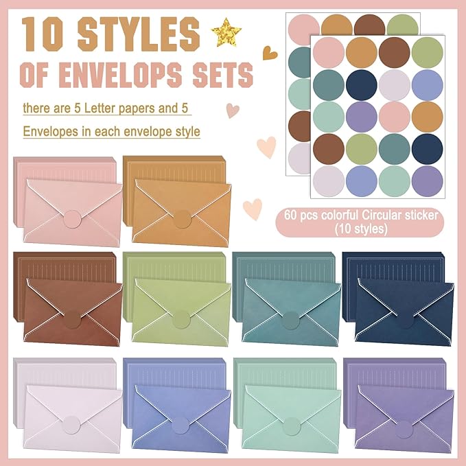 TaoBary 160 Packs Stationery Paper Set (50 Double Sided Stationery Writing Papers 50 Matching Envelopes) 60 Round Dot Sticker, 10 Design (Morandi Color)