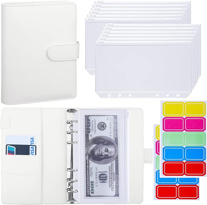 Antner A6 Budget Binder with Zipper Cash Envelopes for Money Organizer & Budgeting, PU Leather Budget Planner Money Saving Binder with Cash Stuffing Envelopes & Labels for Home Office Travel, White
