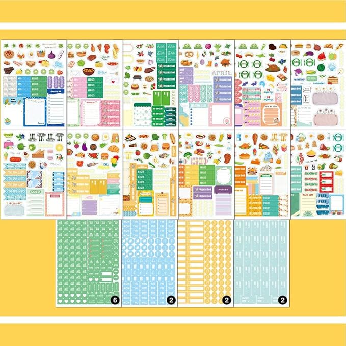 1700+ Planner Stickers Book, 24 Sheets Waterproof Repositionable Stickers for Journal, Bullet Planner, Scrapbook & Calendar, Functional Decorative Sticker Set & Gift (Dietary Arrangements)