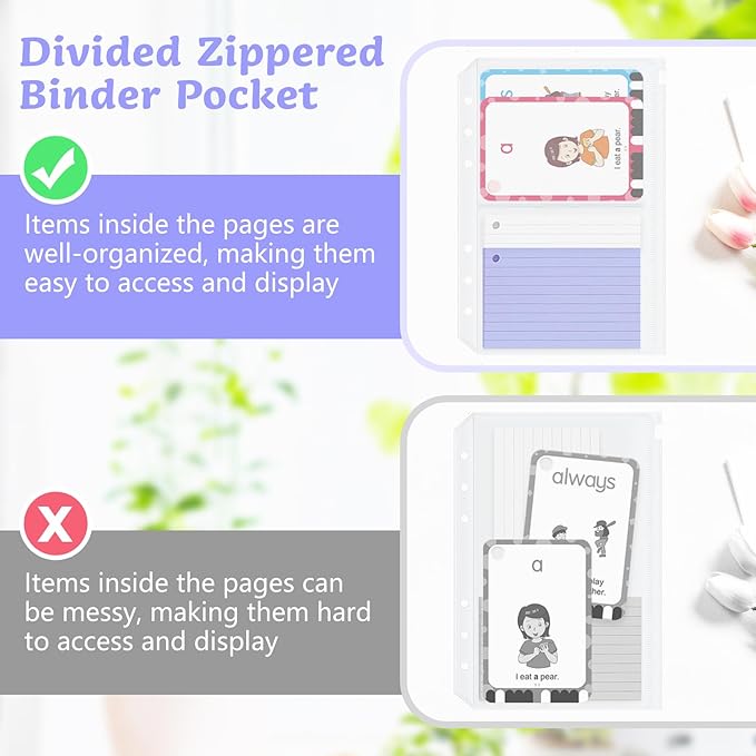 10 Pack Zippered Binder Pocket Sleeves for 6 Ring A5 Binder - Frosted Divided Pouch Photo Card Jewelry Storage Binder Insert Refills 2 Pocket Cash Saving Sheets Protector Loose Leaf Bags