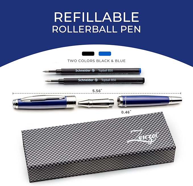 ZenZoi Executive Pen – Elegant Blue Rollerball Pen. Premium Fine Point Smooth Writing Roller Pen Gel Ink. Fancy, Luxury Pen for Men, Women. Refillable, Business, High End Pen Gift Set