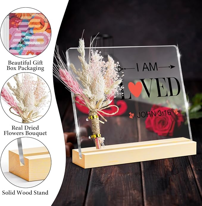 Valentines Day Gifts, John 3:16 Valentines Decorative Sign, Bouquet Acrylic Sign With Wooden Stand for Office Desk Table Shelf