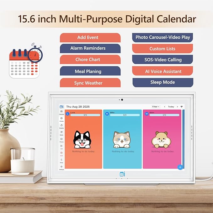15.6 Inch Digital Calendar,Desktop&Wall Calendar Planner,Chore Chart,Meal Planning,Photo Share,Alarm Reminder,Task Rewards System,TouchScreen Smart Electronic Calender for Family Organizer- 5MP Webcam