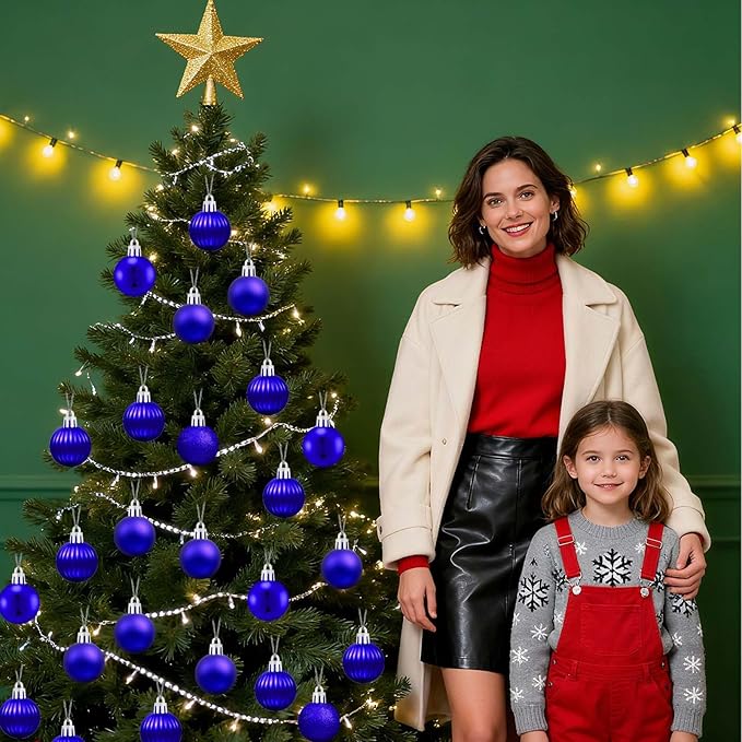 Set of 24 Small Blue Christmas Ornaments Balls for Christmas Tree, 1.2 inch Mini Blue Ornaments for Mini Tree, Tiny Plastic Shatterproof Hanging Bulbs Xmas Valentine Party Indoor Outdoor Decorations