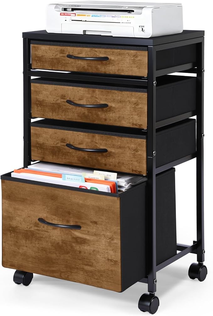 Chunful 4 Drawer Rolling File Cabinet Mobile Printer Stand Metal Cart with Fabric Vertical Filing Chest Wheels A4 Letter Size Under Desk Utility Craft Storage Organizer for Home Office(Brown)