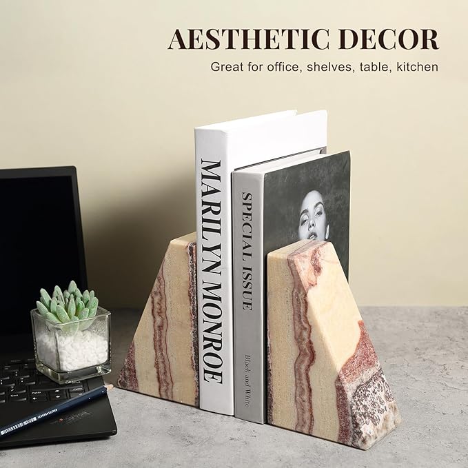 Koville Natural Onyx Bookends for Shelves, Decorative Bookends for Heavy Books, Non-Slip Heavy Duty Book Stopper for CD/Movies, Aesthetic Decorative Book Ends for Bookshevles Table Home Decor