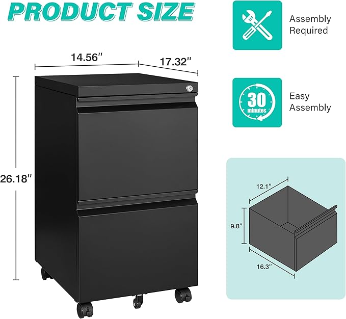 SISESOL 2 Drawer File Cabinet on Wheels,Metal Filing Cabinet with Lock,Black Rolling File Cabinets with Casters,Under Desk Office Cabinets for Home Office,Fit A4/Letter/Legal,Easy Assembly