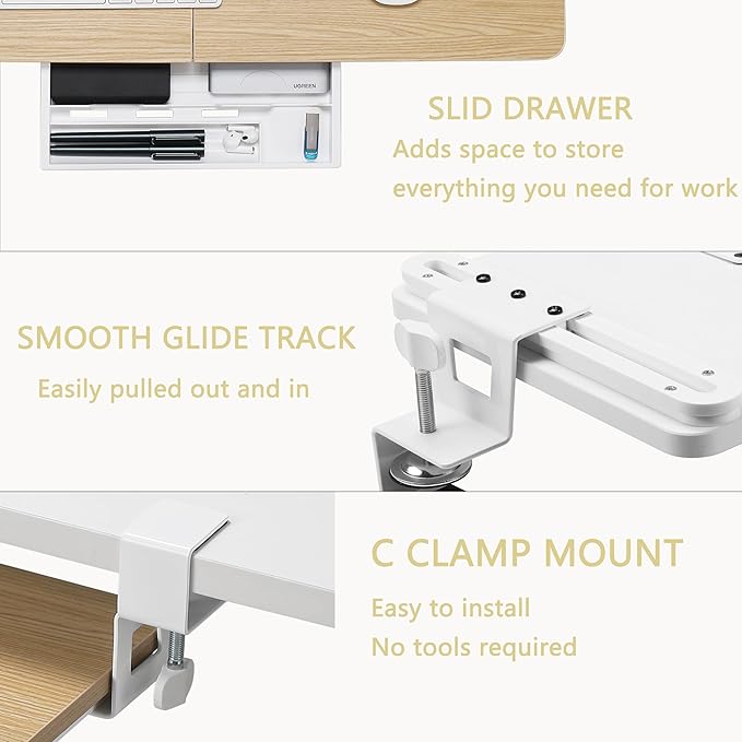 ETHU Keyboard Tray Under Desk, 26.77" X 11.81" Large Size Keyboard Tray with C Clamp-on Mount Easy to Install, Computer Keyboard Stand, Ergonomic Keyboard Tray for Home and Office (Oak)