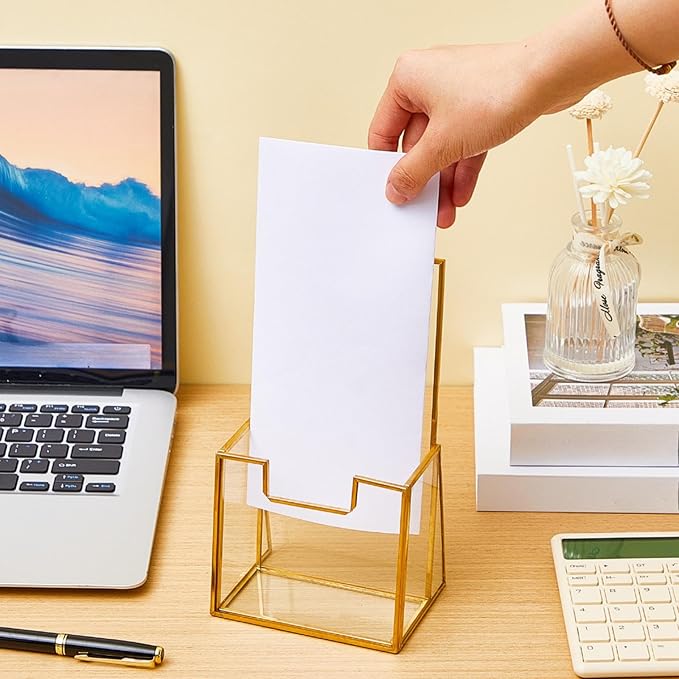 2 Pcs Gold Glass Brochure Holder Stand 4 Inch Countertop Clear Literature Trifold Pamphlet Holder Flyer Brochure Display Stand for Magazine, Booklets, Menu, Journals