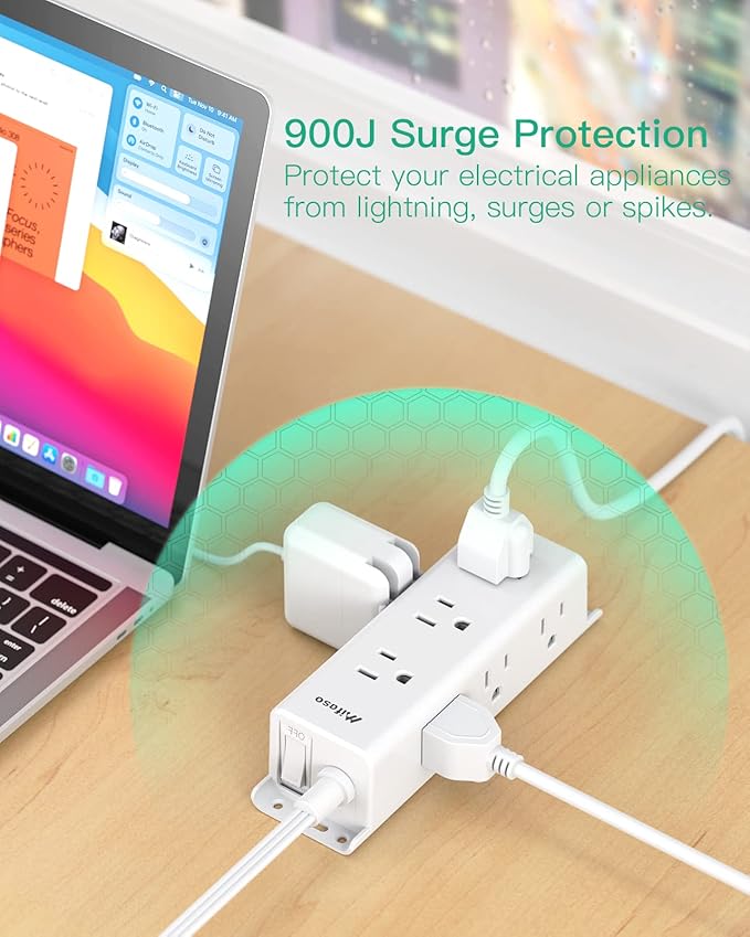 Surge Protector Power Strip - 9 Widely Spaced Multi Outlets, Wall Mount, 3 Side Outlet Extender with Extension Cord, Flat Plug, Overload Protection, Home Office Dorm Room Essentials (15FT, White)