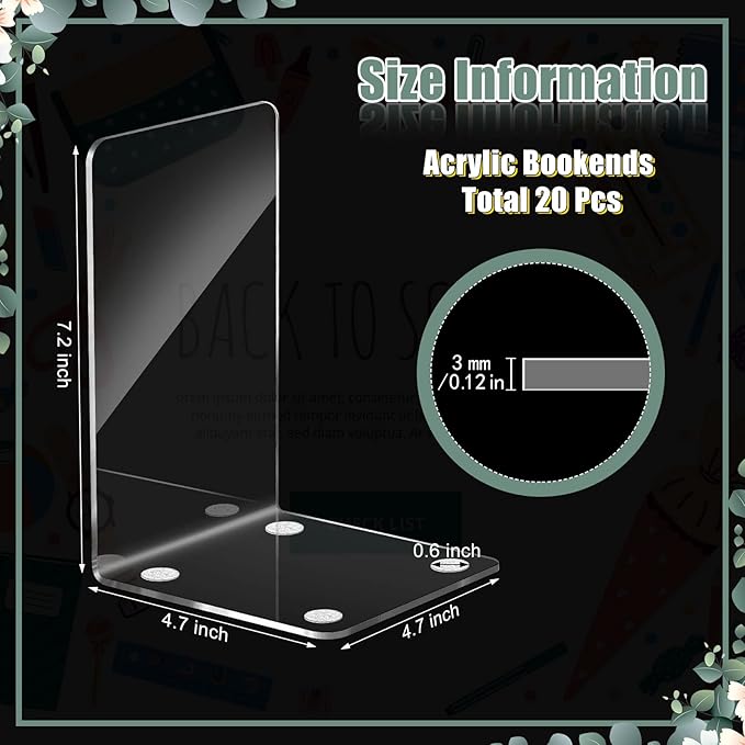 Sabary 20 Pcs Acrylic Book Ends Clear Acrylic Bookends with Silicone Pad Non Skid for Shelves Heavy Duty Bookends Book Stoppers for Office Library CDs File, 7.2 x 4.7 x 4.7 Inch