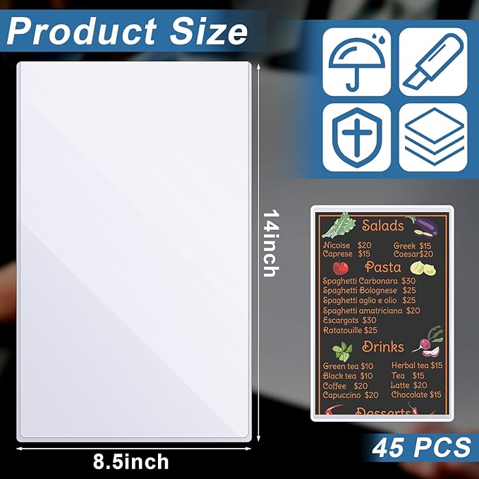 Henoyso 45 Pcs 8.5" x 14" Menu Cover Rigid Print Protectors Clear Heavy Duty Menu Holder Poster Protector Sleeve Hard Plastic Paper Sleeves for Page Sheet Photographs Document Birth Certificate