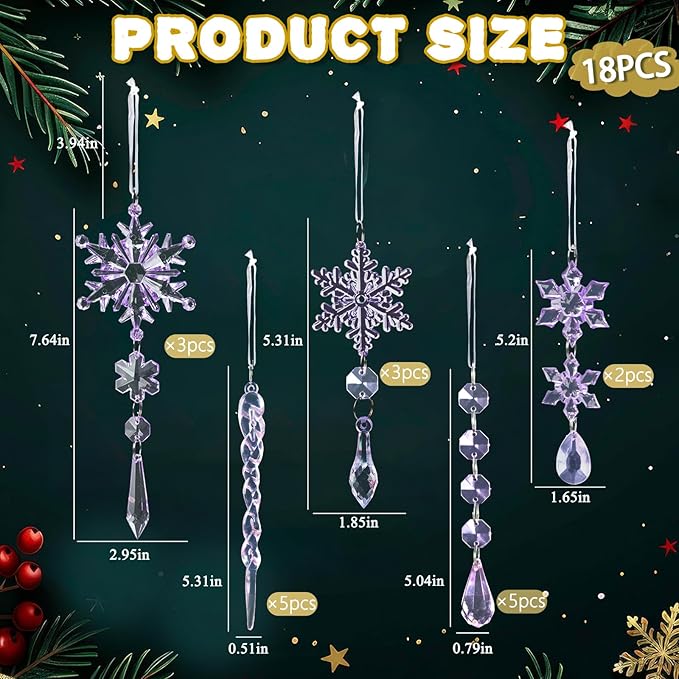 18pcs Crystal Christmas Ornaments for Christmas Tree Decorations-Purple Hanging Acrylic Snowflake and Icicle Ornaments with Drop Pendants for New Year Party Decorations Supplies