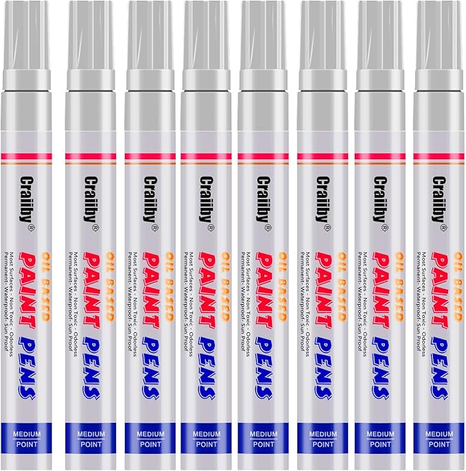 White Paint Markers, 8 Pack Oil-Based Waterproof Quick Dry and Permanent Paint Pen Set for Rocks Painting, Wood, Plastic, Canvas, Glass, Mugs, Metal, Tire, Stone, DIY Craft
