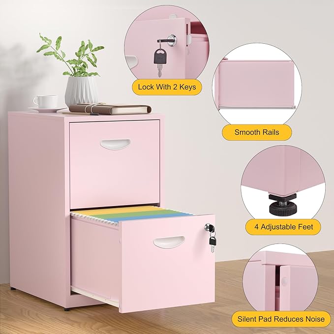 2 Drawer File Cabinet with Lock,Pink Metal Office Drawers Filing Cabinets for Home Office, Two Drawer Under Desk File Cabinet for Hanging Letter,Easy Assemble