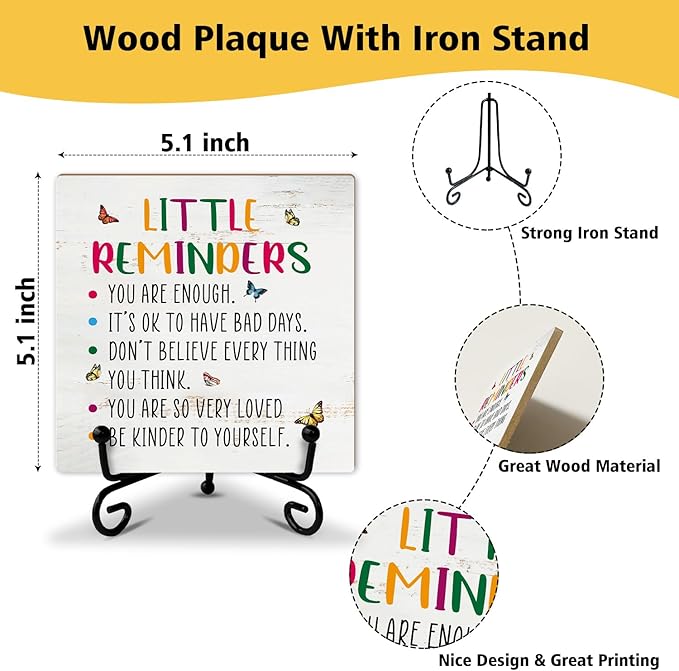 Mental Health Gift for Women Wood Sign with Stand - Little Reminder, Inspirational Gifts Motivational Gifts for Women Sister Coworker, Home Office Positive Decor Table Centerpiece Desk Plaque -38