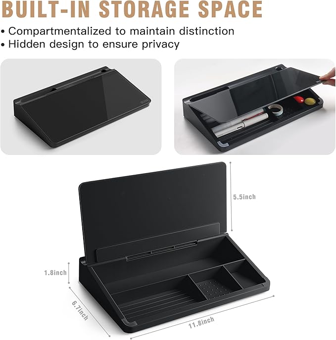 SELEAD Desktop Glass Whiteboard with Storage, Small Dry Erase White Board Computer Pad Keyboard Stand for Home, School, Office Desk Accessories - Black