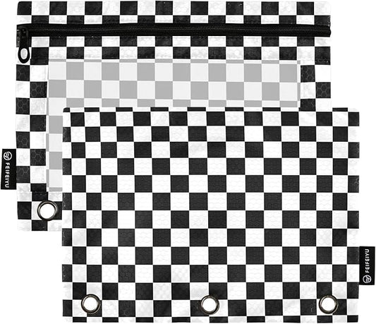 Black White Checkered Pattern Pencil Pouch for 3 Ring Binder, 2 Pack Waterproof Pencil Bags Clear Window Pencil Case Zipper School Office Supplies