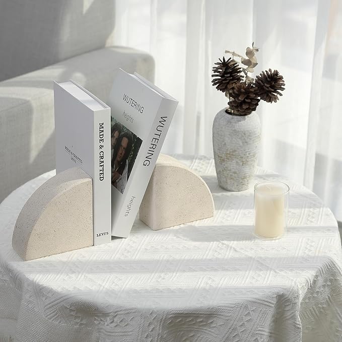 Marble Bookend for Shelves, Non-Skid Bookends for Heavy Books, Heavy Duty Book Stopper for CDs, Luxury Book Shelf Holder, Quarter Circle Design Book Ends Decorative, Moleanos Beige, Set of 2