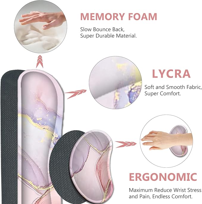 AIMSA Large Gaming Mouse Pad Set, Keyboard Wrist Rest Support Mouse Pad, Ergonomic Memory Foam Multifunctional Extended Desk Mat 35x15.7in Anti-Slip Rubber Base for Office Home, Pink Purple Marble