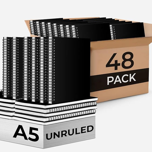 Bulk Spiral Notebook, 48 Pack, Unlined Journal, 5.8 x 8.3, 120 Pages (60 Sheets), 100 GSM Paper, No-Bleed, Black Cover Drawing Notebooks, Unlined Sketch Pad for Writing, Note Taking Travel
