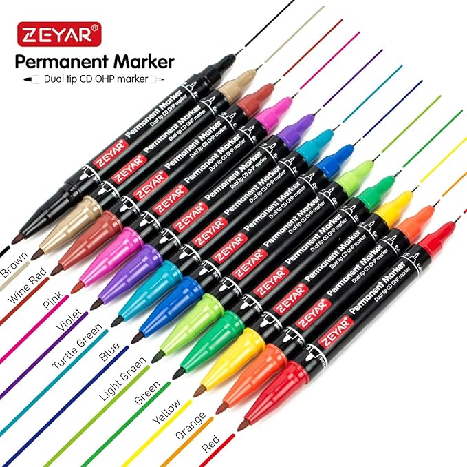 ZEYAR Twin Tip Permanent Markers, CD/DVD Markers, 12 Color, Ultra Fine Point and Fine Point for Signature and Marking (12 Colors)