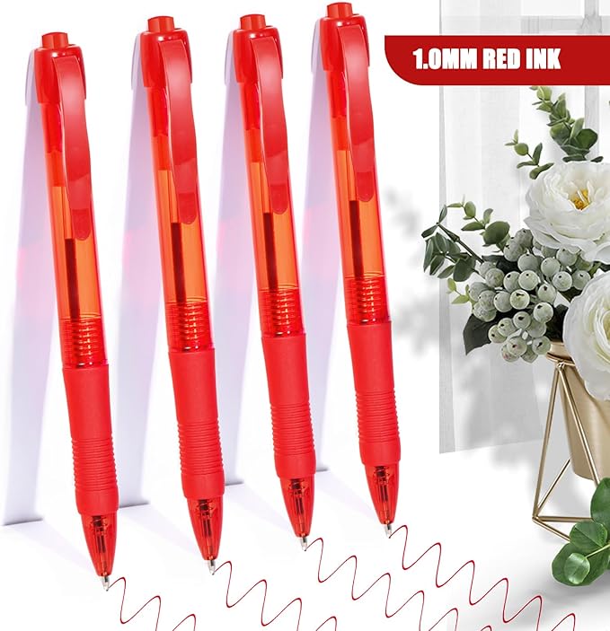 deegtran Pens Bulk, 100 Pack No Bleed Red Ink Click Pens with Soft Grip, Wholesale Retractable Ballpoint Pens for Office School, Medium Point Smooth 1.0MM