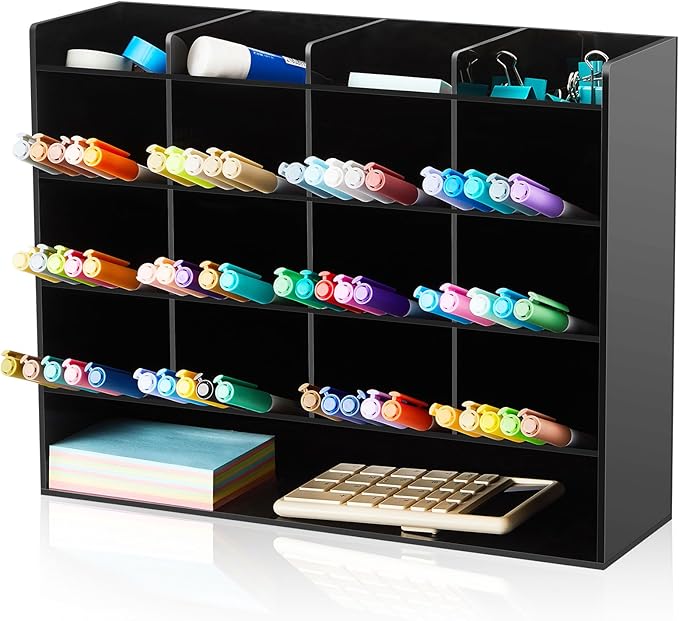 Acrylic Pen Organizer Storage for 200 Markers Vertical Marker Organizer Acrylic Pen Display Holder for Office Desk Desktop Stationery Pencil Storage, Black, 13 x 4 x 10.2 Inch