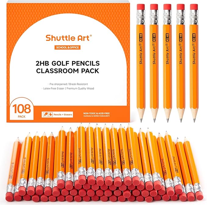 Shuttle Art 108 Pack Golf Pencils With Erasers, #2 HB Pencils Bulk, 3.5” Mini Pencil, Pre-Sharpened Small Pencil for Kids Teachers Classroom Games, Back to School Supplies