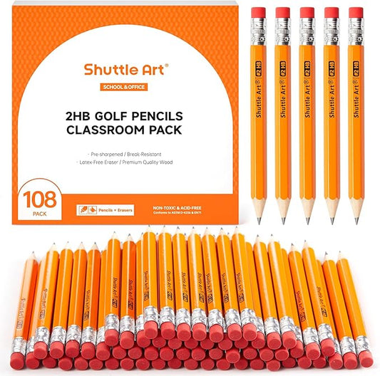 Shuttle Art 108 Pack Golf Pencils With Erasers, #2 HB Pencils Bulk, 3.5” Mini Pencil, Pre-Sharpened Small Pencil for Kids Teachers Classroom Games, Back to School Supplies