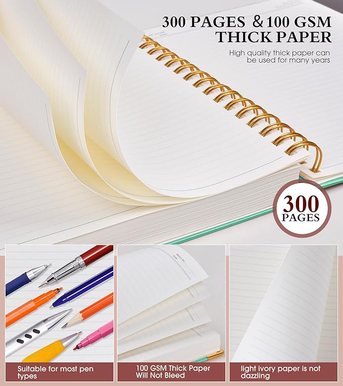 Spiral Notebook Journal 8.5” x 11”, 300 Pages Hardcover Leather Lined Journals for Women Men, A4 Large College Ruled Notebooks with 100 GSM Thick Paper, Spiral Journal for Writing Work School, Teal