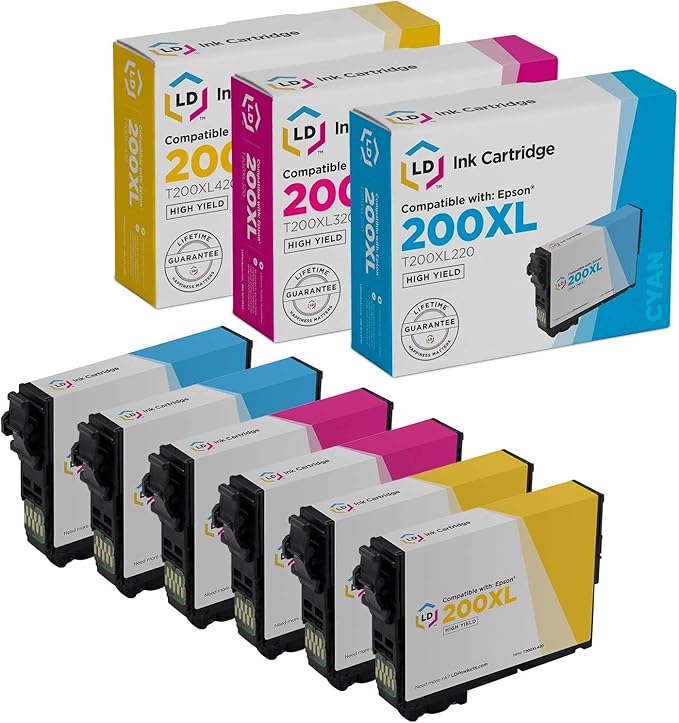 LD Products Remanufactured Ink Cartridge Replacements for Epson 200XL 200 XL High Yield (2 Cyan, 2 Magenta, 2 Yellow, 6-Pack) Compatible with Expression, WF Series, Workforce, XP Series