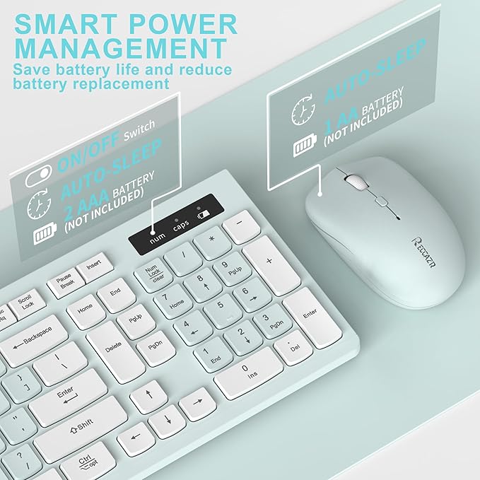 Wireless Keyboard and Mouse Combo, Full-Sized Wireless Keyboard and Adjustable DPI Mouse, 2.4GHz USB Receiver, Keyboard and Mouse for PC, Windows, Desktop, Laptop (Mint Green and White)