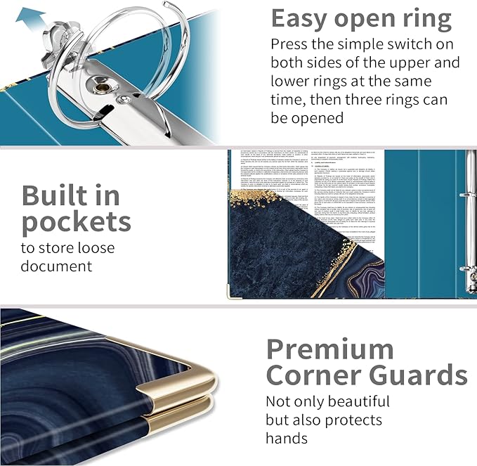 Ospelelf 3 Ring Binder, 1.5 Inch, Letter Size (11" x 8.5") with 5 Tab Dividers, File Folder Labels and Low Profile Clipboards, Blue Marble Binder for School and Office Supplies