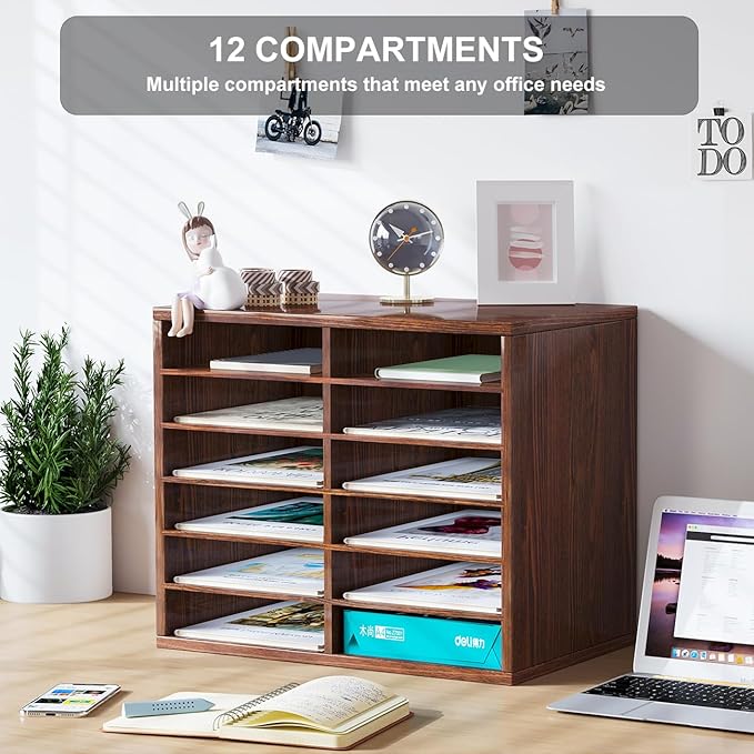 PAG Countertop Mail Sorter Organizer, Wooden Literature Organizer, Student Mailbox for Classroom, Desktop Bill Organizer for Office Home School, 12 Compartments, Brown