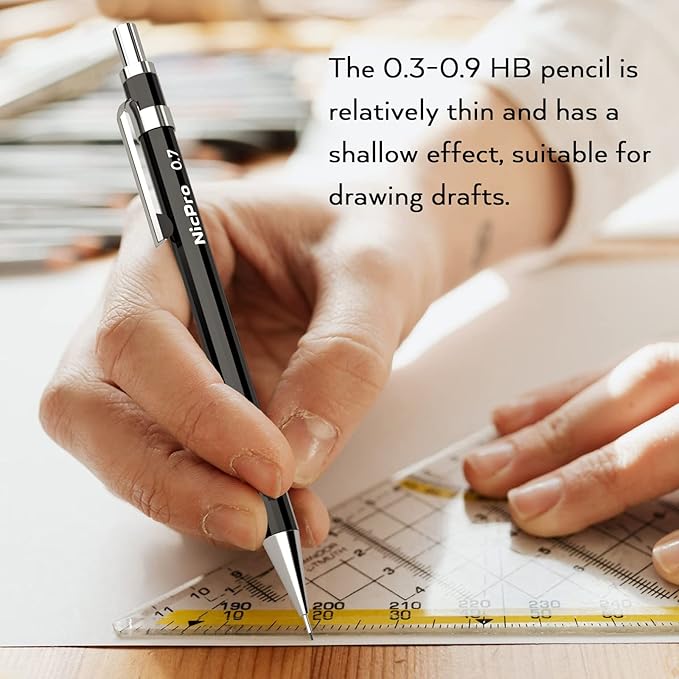 Nicpro 6 PCS Art Mechanical Pencil Set, Black Metal Drafting Pencil 0.3, 0.5, 0.7, 0.9 mm & 2PCS 2mm Graphite Lead Holder(4B 2B HB 2H) For Writing Sketching Drawing With 8 Lead Refills Eraser Case