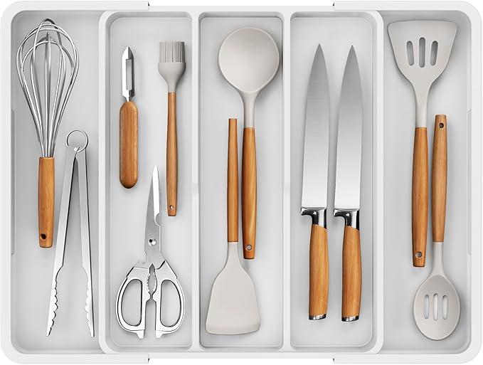 Kitsure Expandable Silverware Organizer – Large Utensil Drawer Kitchen Organization with 5 Compartments, Easy-Clean, Home & Apartment Essentials, White, 13.6" x 1.4"x 11.0"~19.9"