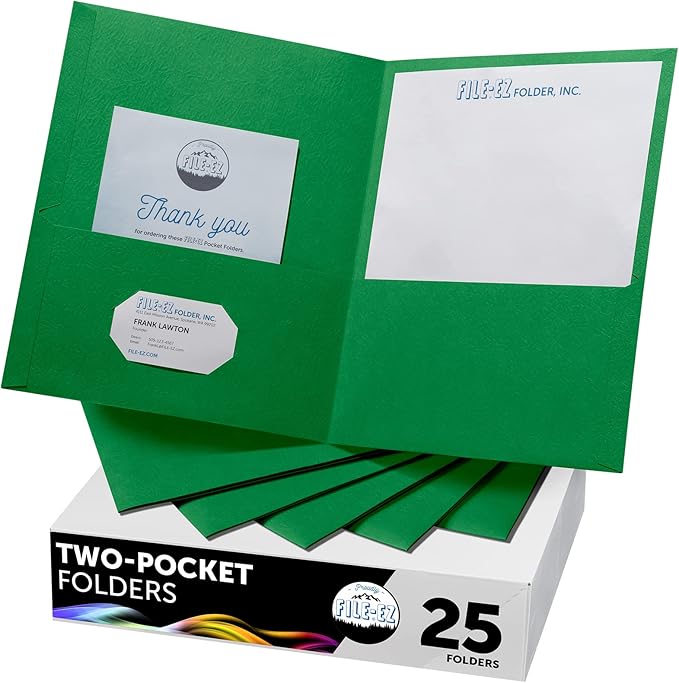 FILE-EZ Two-Pocket Folders, Green, 25-Pack, Textured Paper, Letter Size (EZ-32560)