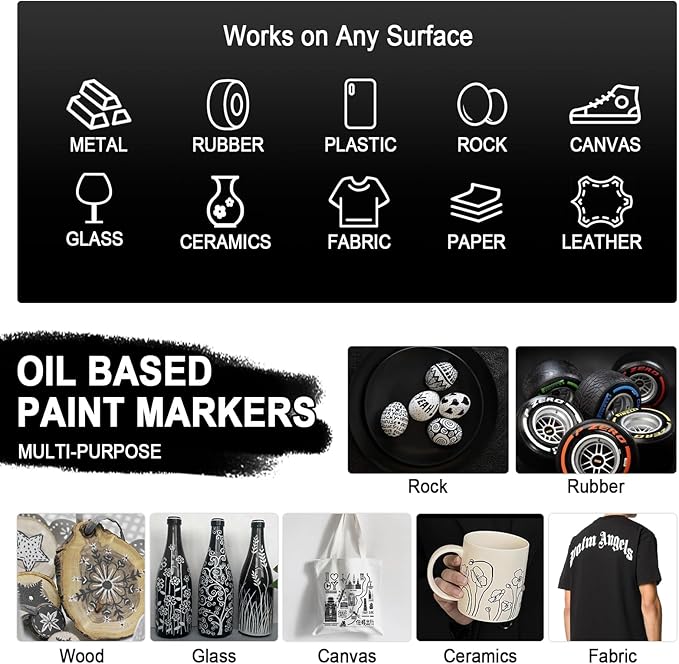 Betem 4 Count Dual Tip Oil Based White Black Paint Markers Pens(0.7mm & 3mm), Permanent Paint Marker, Waterproof, Quick Dry, for Rock Painting, Wood, Plastic, Metal, Canvas(2White 2Black)