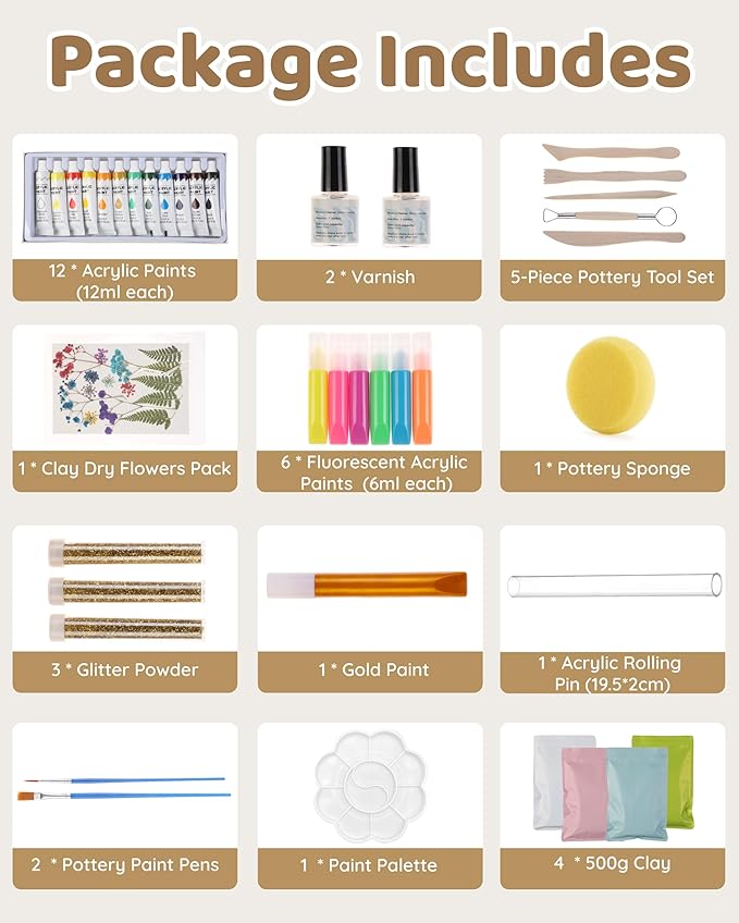 Air Dry Clay for Adults - Pottery Starter Kit for Beginner,Sculpting Tools, Gloss Varnish, DIY Plate Making Kit Gift for Christmas, Valentine's Day,Arts & Crafts