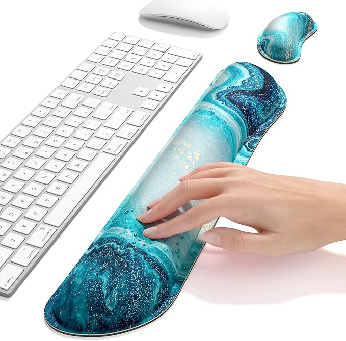 Dapesuom Enlarge Keyboard Wrist Rest, Memory Foam Wrist Cushion for Desk Mats Support, Cute Marble Pain Relief Keyboard Mouse Pad Rests Set with Non-Slip Base for Gaming Laptop Office Computer, Blue