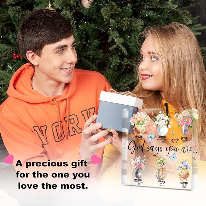 Inspirational Gifts for Women, God Says You Are, Flower Bible Verse Acrylic Sign, Bible Verse Christian Gifts, Positive Affirmation Desk Decorative Signs for Home Office Women Girsl Bedroom Decor