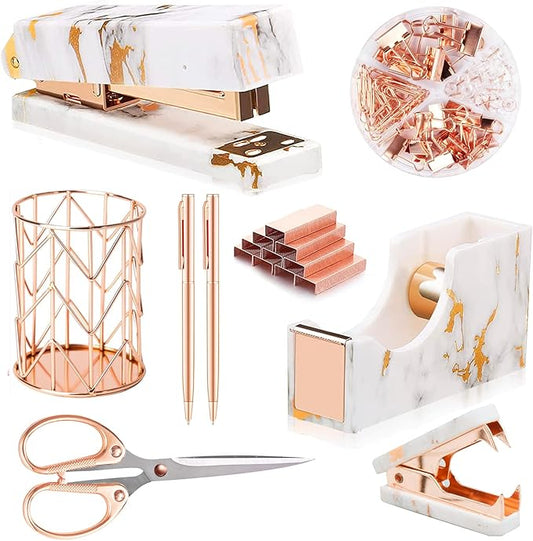 Rose Gold Marble Desk Accessories, Office Supplies Set Stapler Staple Remover, Tape Holder, Pen 2 Ballpoint Pen, Scissor, Binder Clips, Paper Clips and 1000pcs Staples