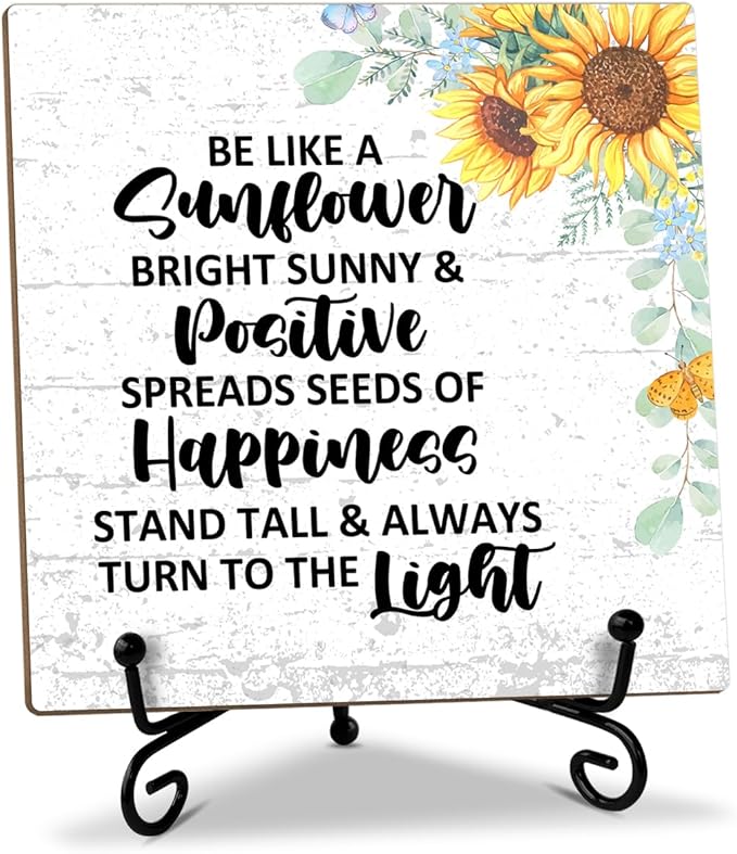Sunflower Decor Wood Sign with Stand, Inspirational Gifts Motivational Gifts for Women Men Coworker Friends, Home Office Positive Decor Table Centerpiece Desk Decor Plaque for Bedroom Kitchen -37