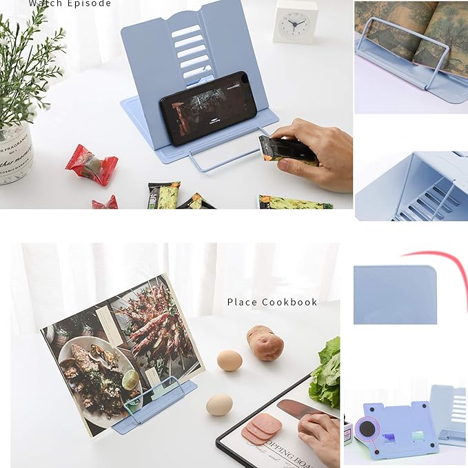 MSDADA Desk Book Stand Metal Reading Rest Book Holder Adjustable Cookbook Documents Holder Bookstands for Recipes Textbook Music Books Christmas Gift for Age 3,4,5,6,7,8,9,10+ Boys Girls (Light Blue)