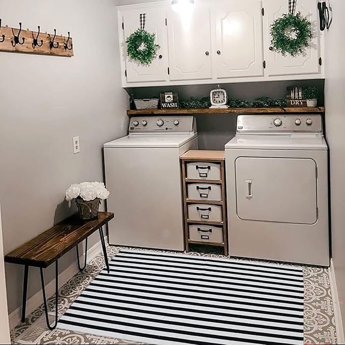 Black and White Striped Outdoor Rug Halloween Door Mat 27.5" x 43" Front Porch Rug Farmhouse Fall Layered Door Welcome Mat for Entryway/Home Entrance/Laundry Room