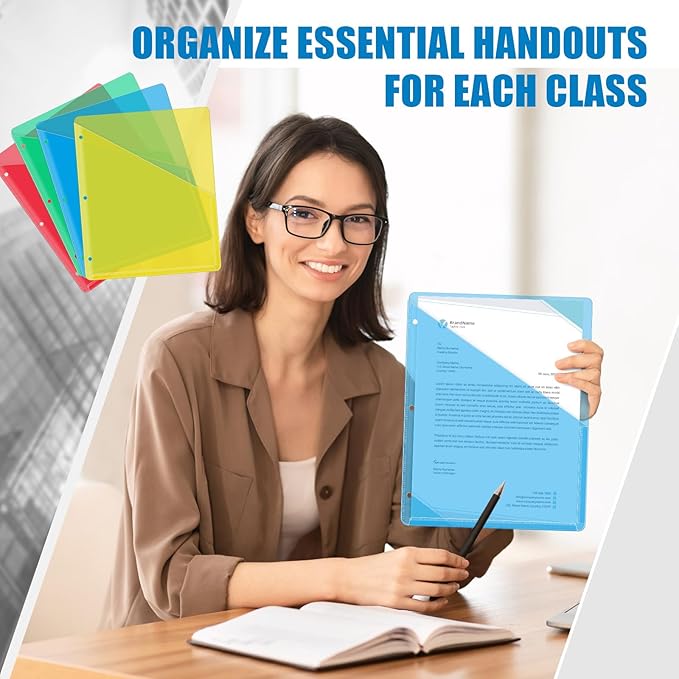 Seajan 48 Pcs Pocket Folders for 3 Ring Binder Clear Plastic Folders Sleeves with 2 Pockets 3 Hole Punch Binder Dividers Poly Slash File Jackets for Office School Document Organizer (Multicolored)